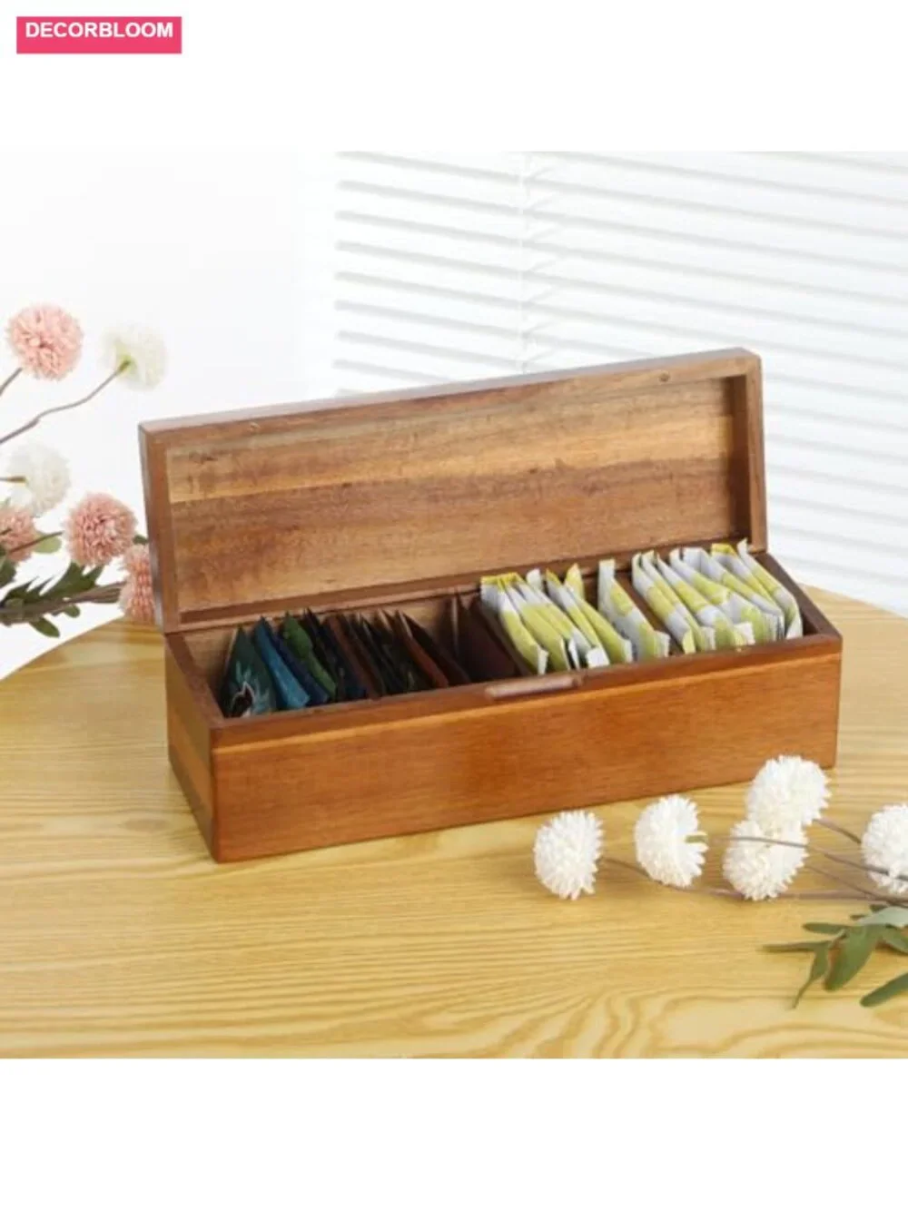 Acacia Wooden Tea Bag Organizer Storage Box with Compartments